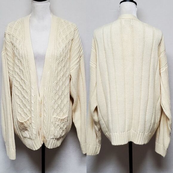 VINTAGE 1970s Brittany Bay Butter Yellow Corded Knit Button Up Cardigan XL - Picture 1 of 11